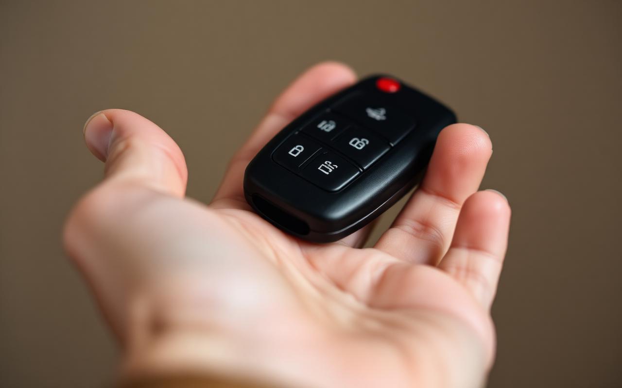 Close-up of a car key fob resting on an open palm at valet pick-up