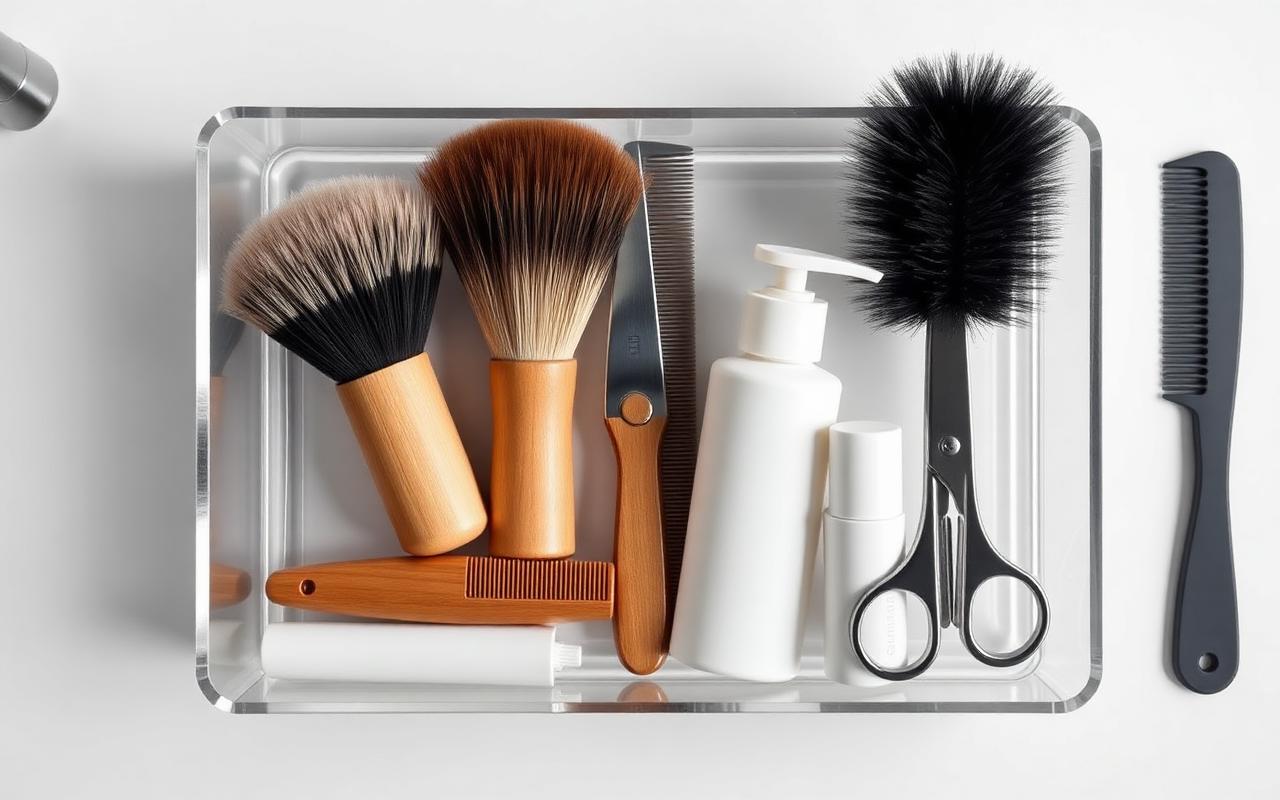 Top-down view of a clear acrylic vanity organizer holding brushes, comb, bottles and scissors