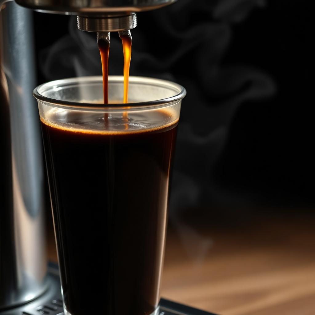 Dark drip coffee streaming from a stainless brewer spout into a tall paper takeaway cup, with steam rising against a dark cafe backdrop