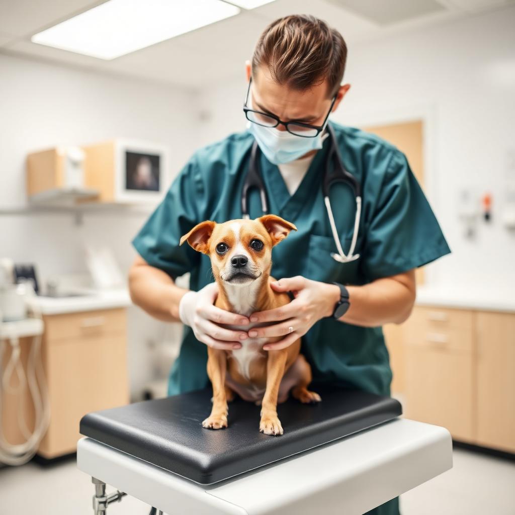 Veterinarian examining a small dog on an examination table in a bright clinic