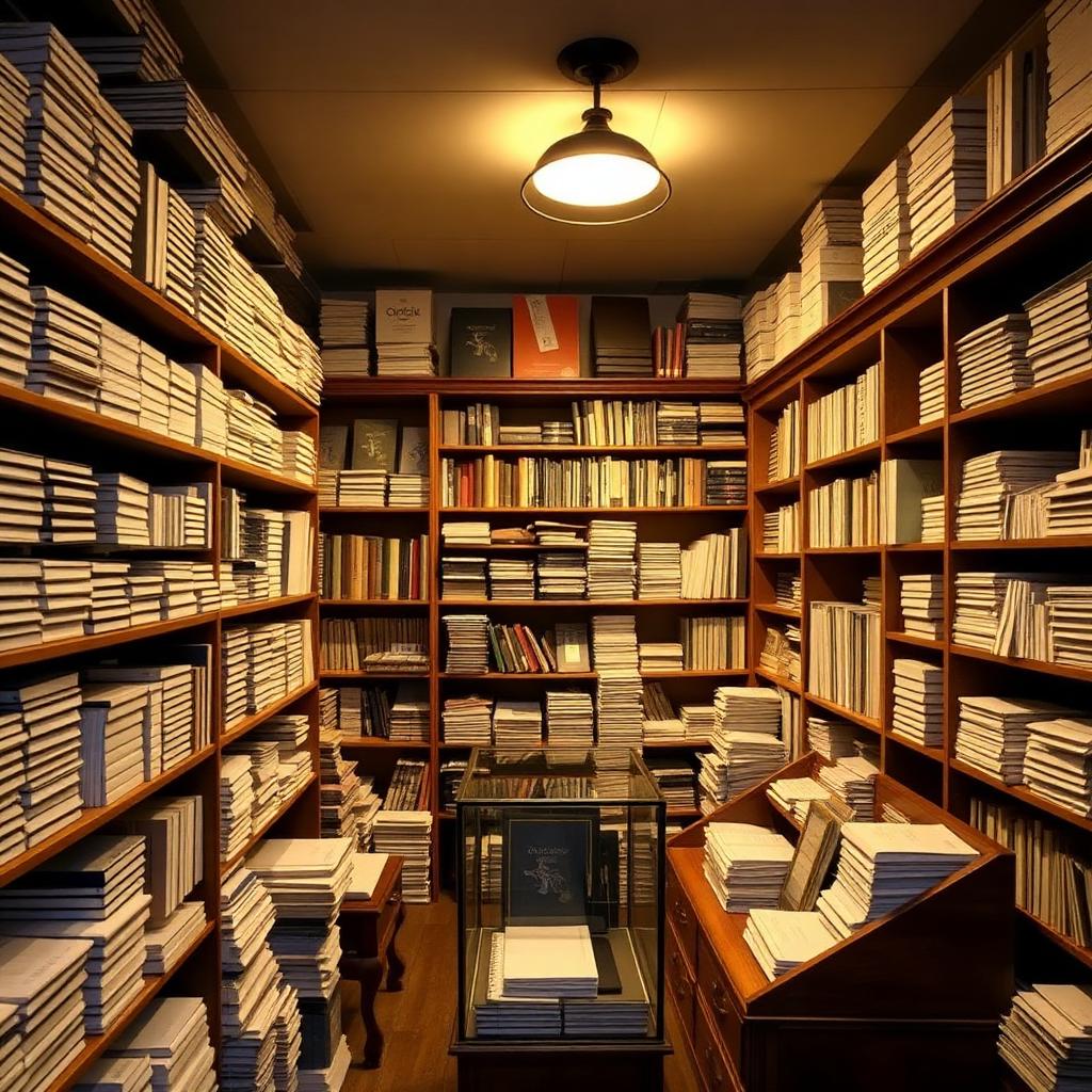 Interior of a traditional stationery shop with wooden shelving stacked with notebooks and journals under warm lighting