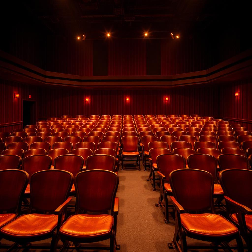 Empty vintage television studio audience seats lit by warm amber lights, evoking the feel of a classic HBO comedy taping