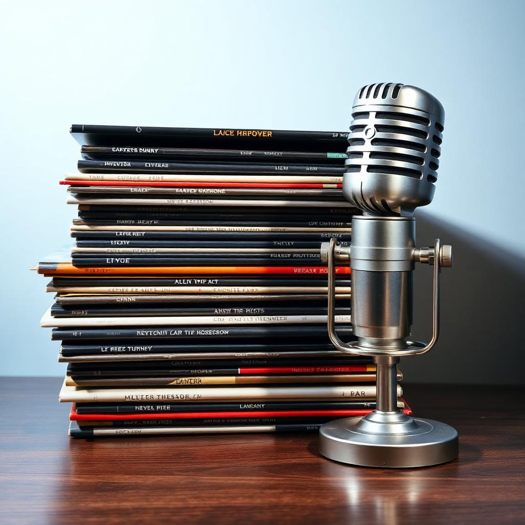 Clive Davis: A tall stack of glossy vintage vinyl records beside a chrome studio microphone on a polished wood surface, soft directional studio lighting.