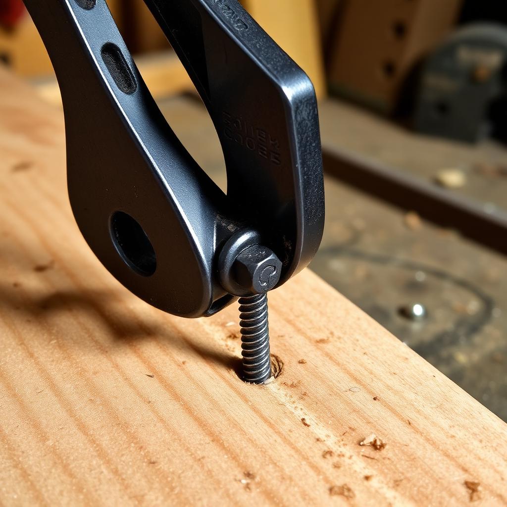 Locking pliers clamped onto a screw head protruding from a wooden plank