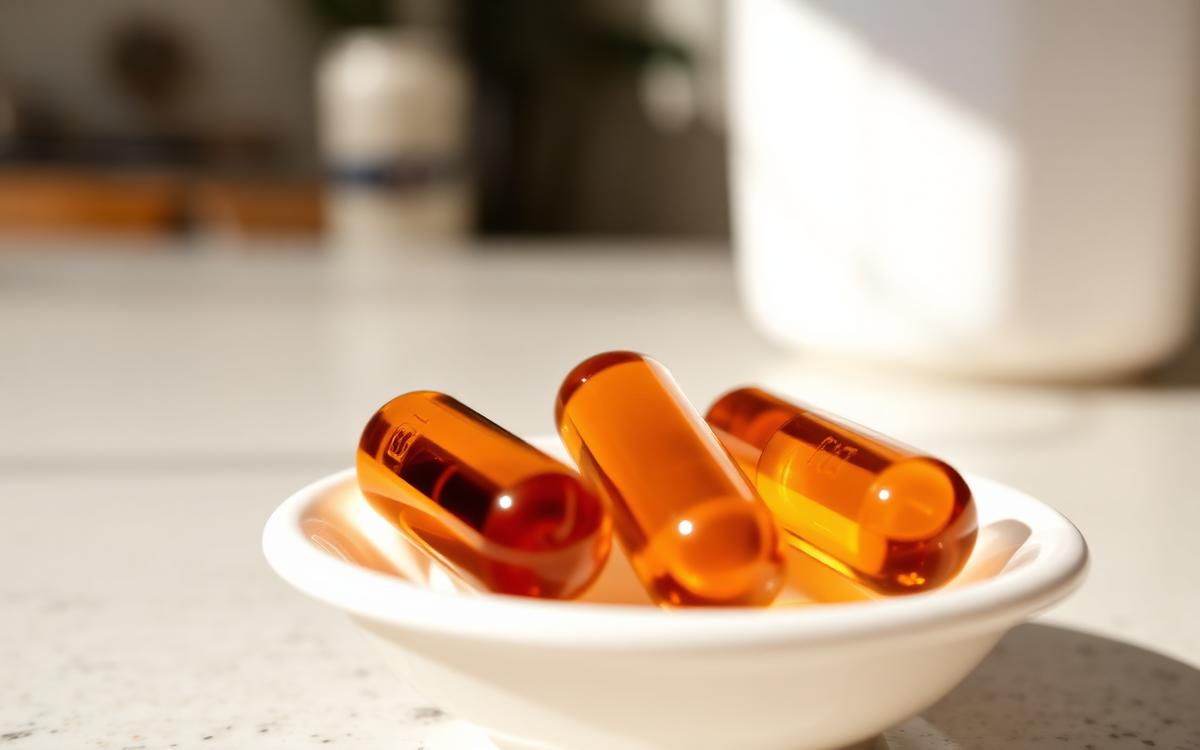 Amber vitamin D softgel capsules in a small white dish on a sunlit kitchen counter