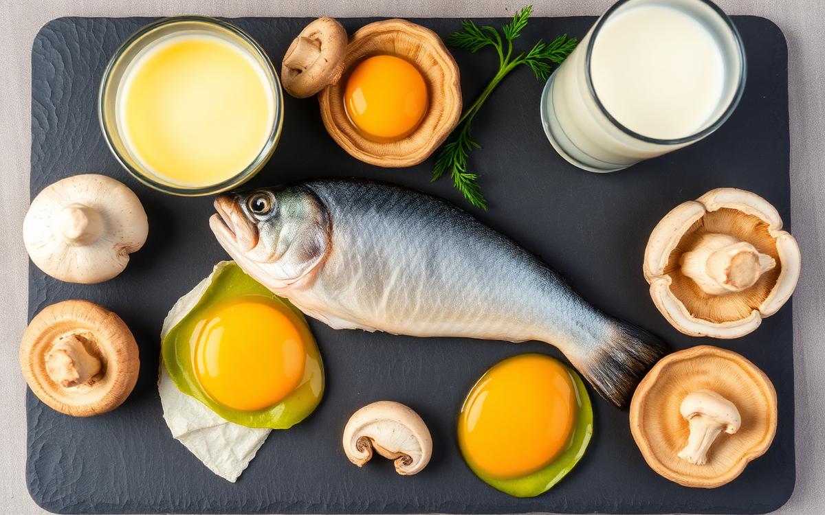 Oily fish, egg yolks, mushrooms and milk arranged on a slate board as vitamin D rich foods