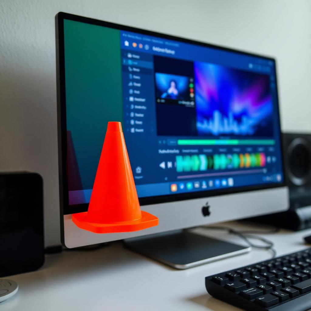 Computer monitor showing a video playback interface with the orange traffic cone icon visible