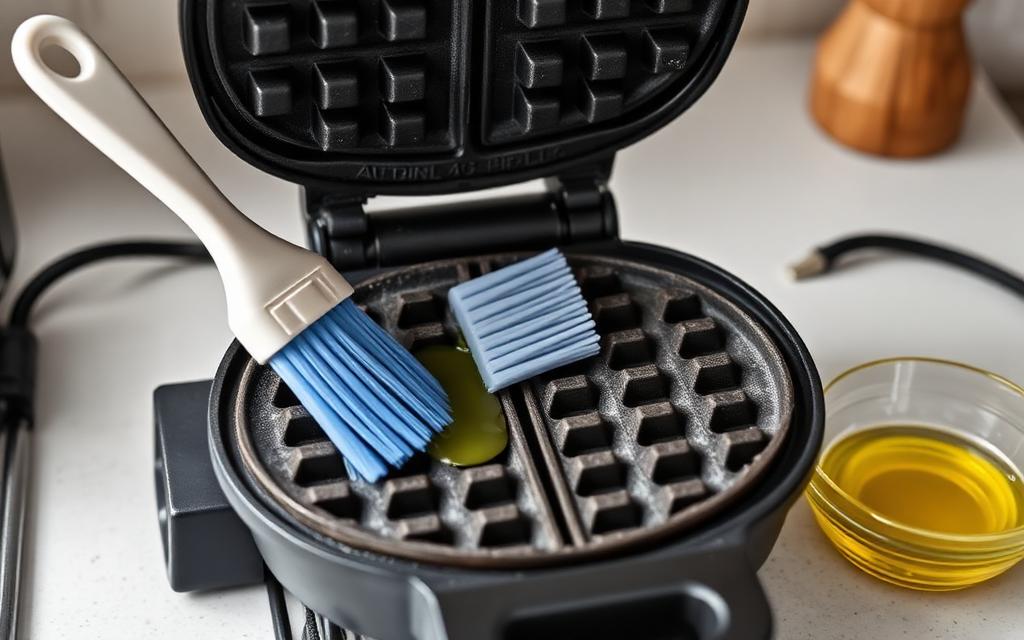 A soft pastry brush cleaning the recessed pockets of an open waffle iron with a small bowl of vegetable oil nearby