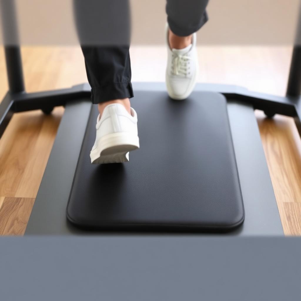 Close up view of white sneakers walking on a black under desk walking pad belt with a wood floor visible on both sides