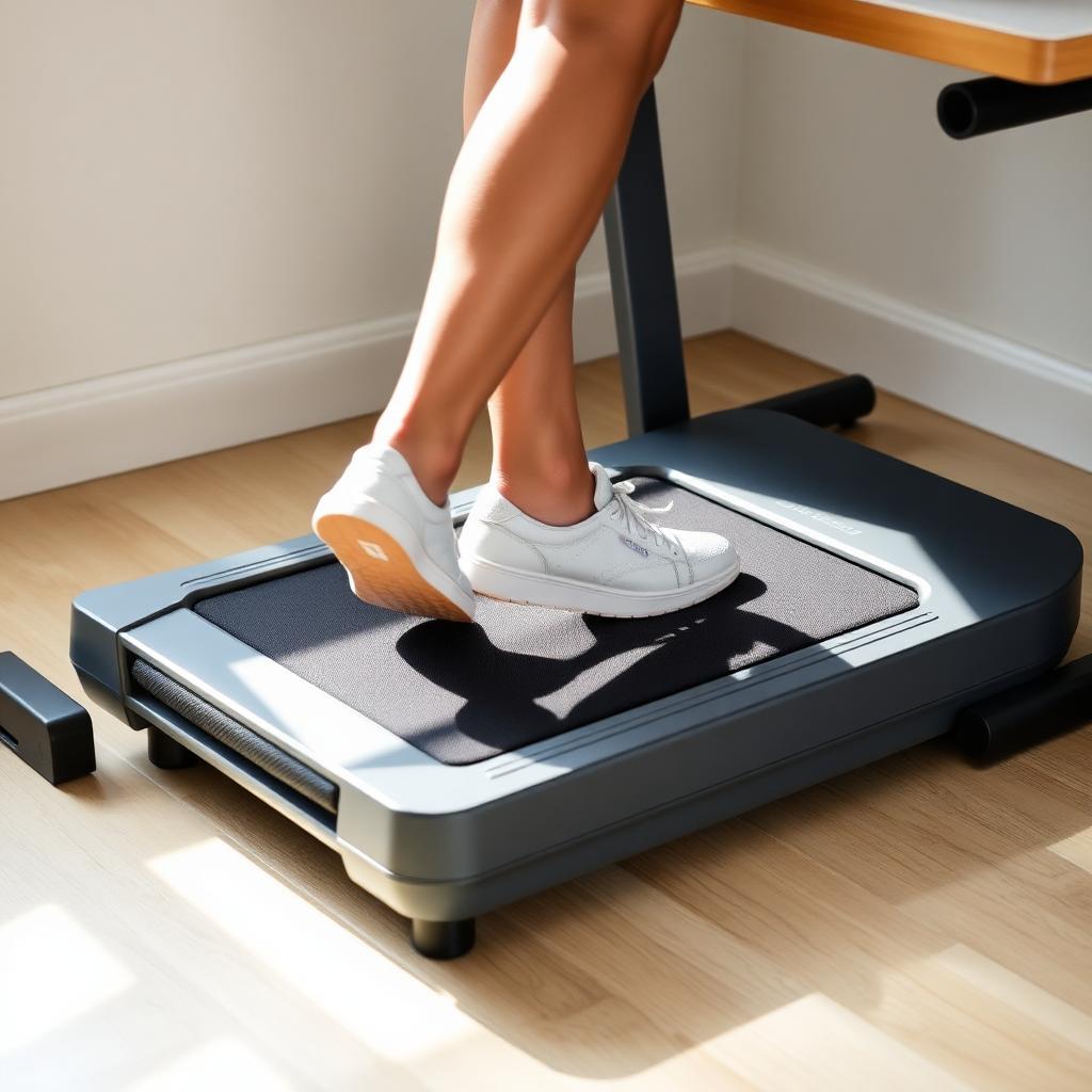 Feet in white sneakers walking on a slim treadmill belt under a home office desk