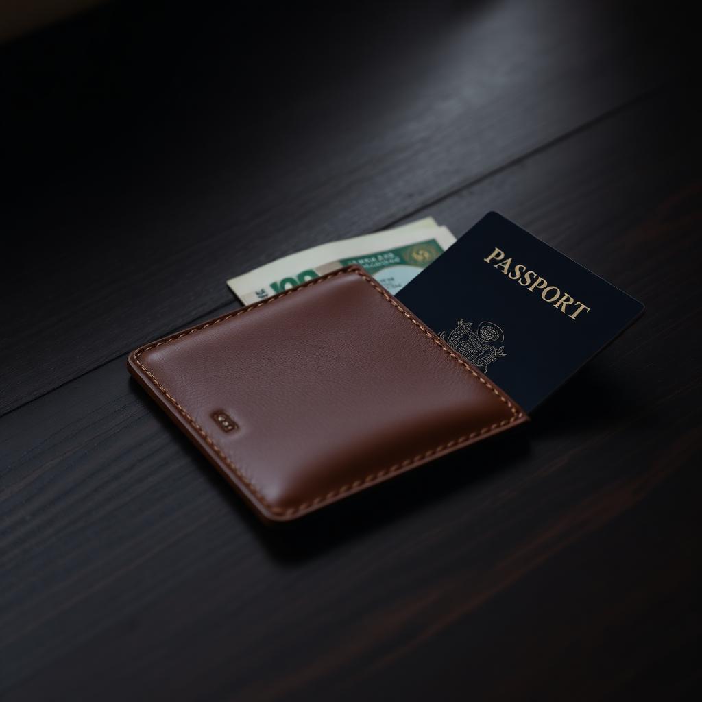 A slim brown leather wallet on a dark wood surface with folded foreign banknotes and a navy passport corner peeking out