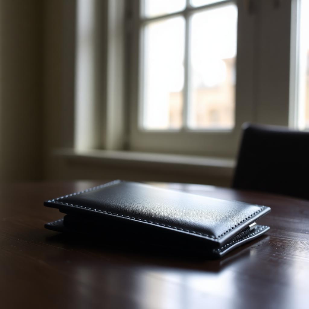 Closed black leather wallet on a wood table, illustrating how to protect your wallet from common tourist scams abroad
