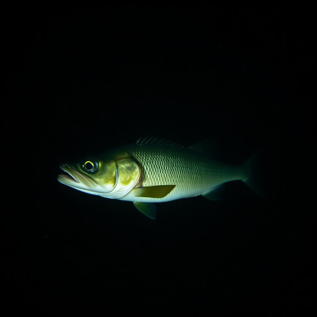 A walleye fish illuminated in low light against a deep dark freshwater background, showing its large reflective eye