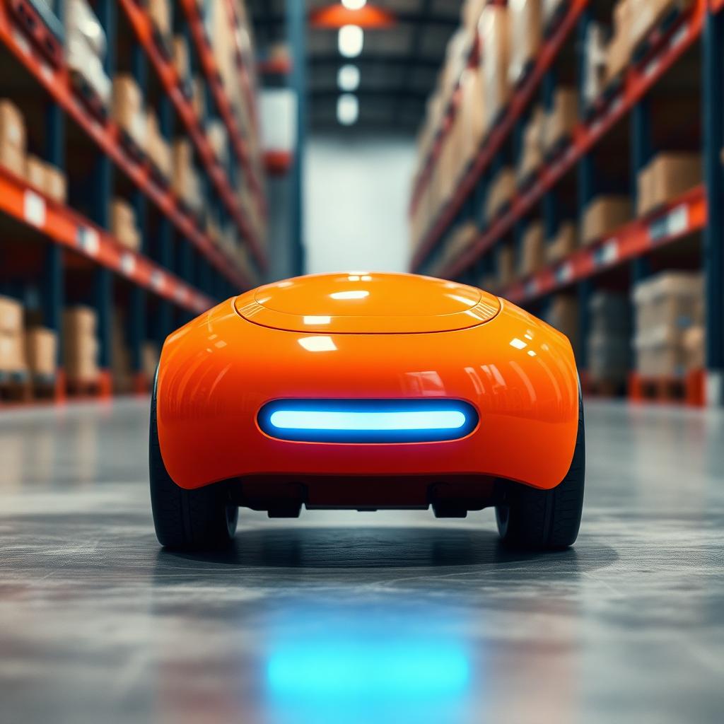 Close up of a small orange autonomous warehouse robot moving along a polished concrete floor in a distribution center