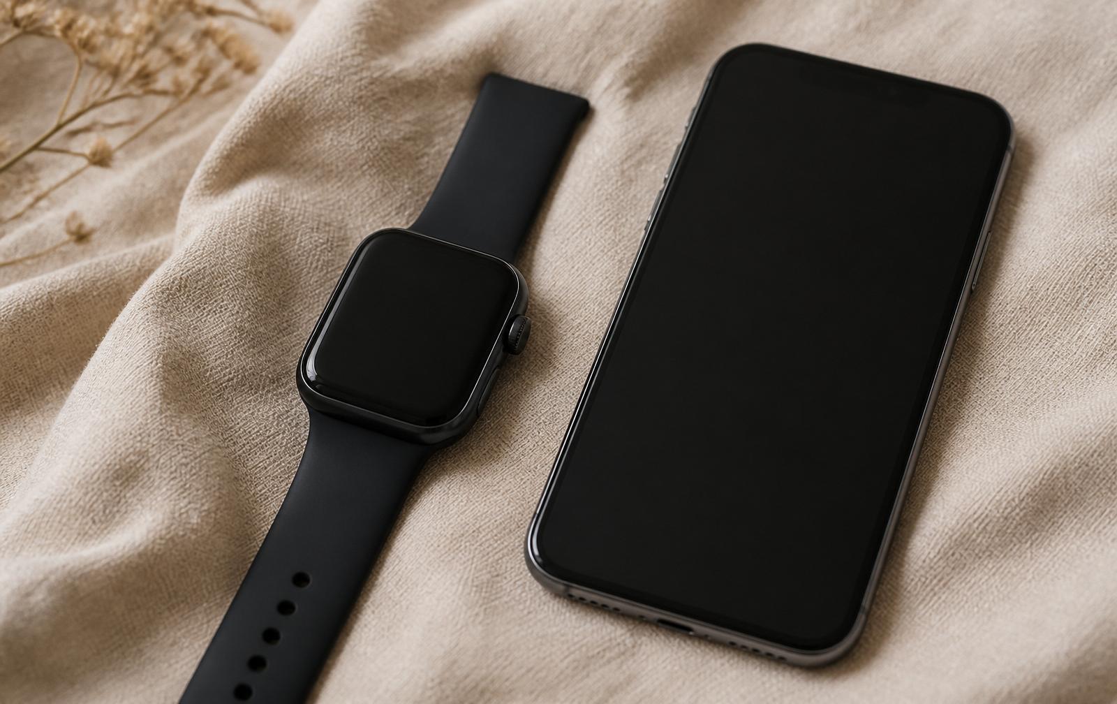 A smartwatch and a smartphone side by side on a wooden desk with a generic companion app interface