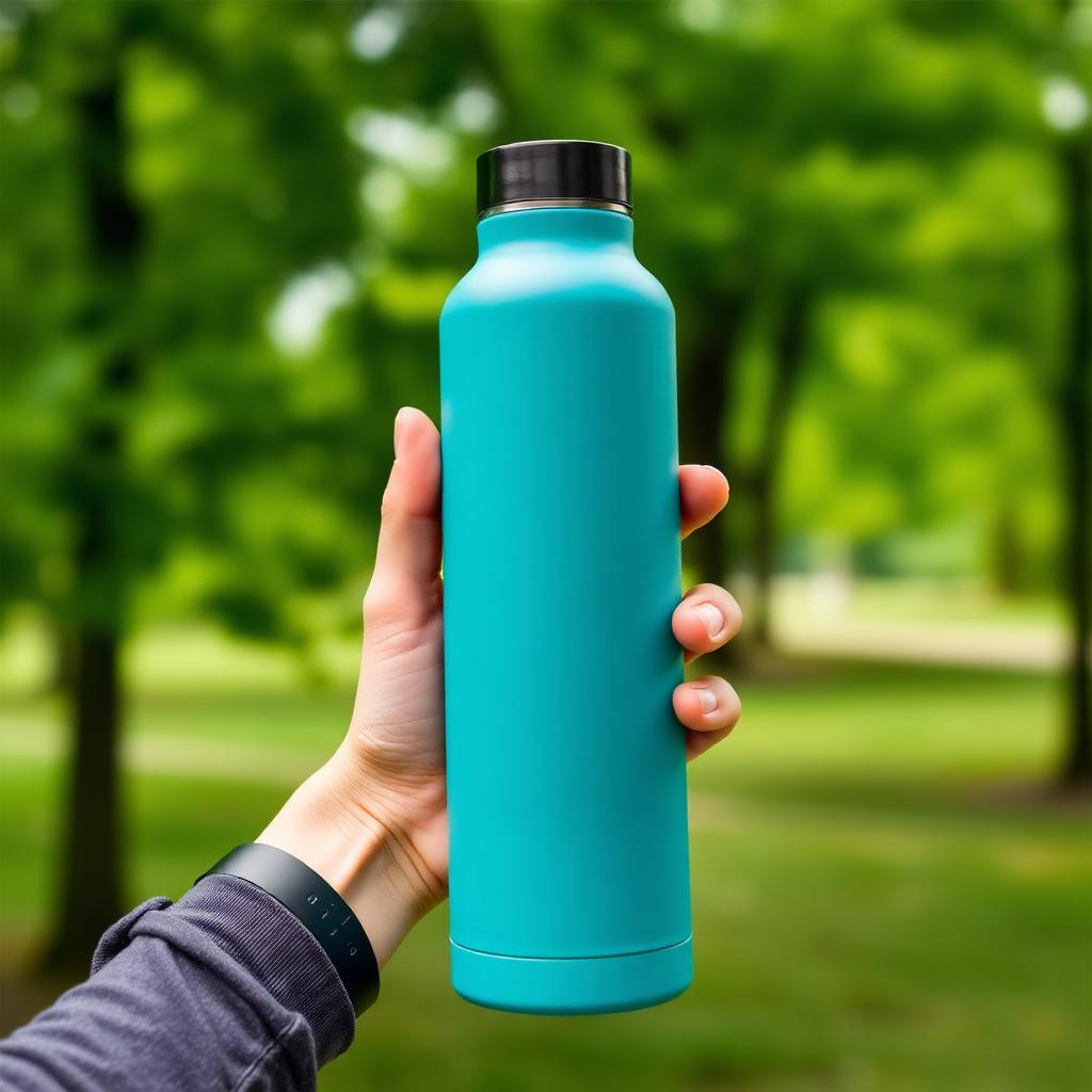 Hand holding a matte teal insulated stainless steel water bottle in a green park