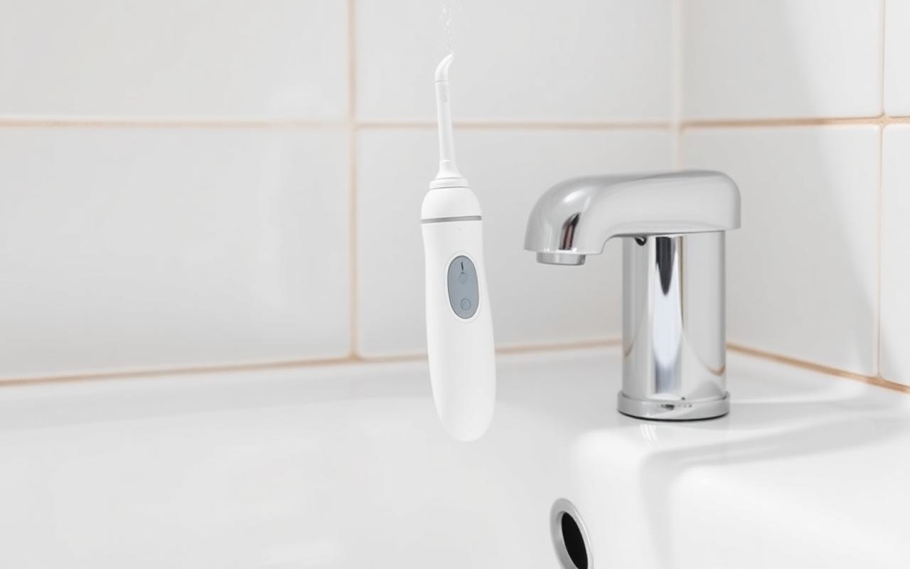 Cordless water flosser aiming a fine water jet at teeth over a bathroom sink