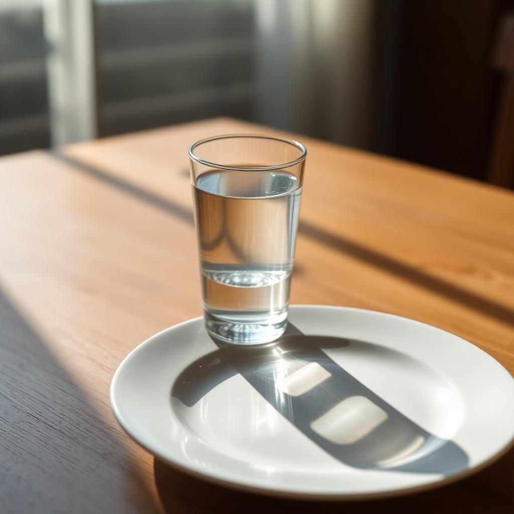 Simple glass of water and an empty white plate on a quiet wooden table during a day of fasting and prayer