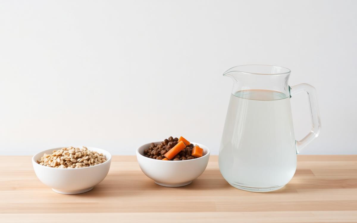 Jug of water beside bowls of oats, cooked lentils and carrots showing fiber foods paired with fluid