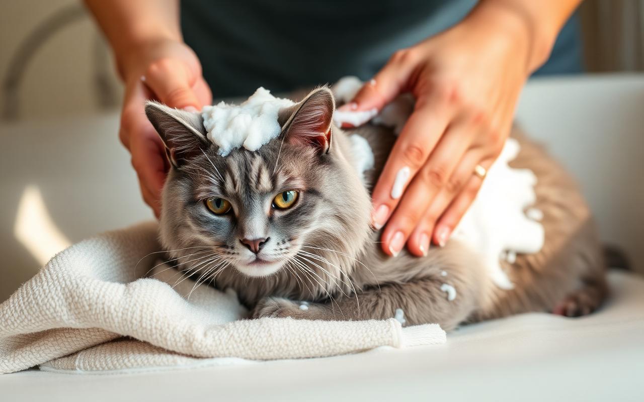 Hands massaging a rich white waterless shampoo foam into the coat of a calm gray cat in soft cozy indoor light