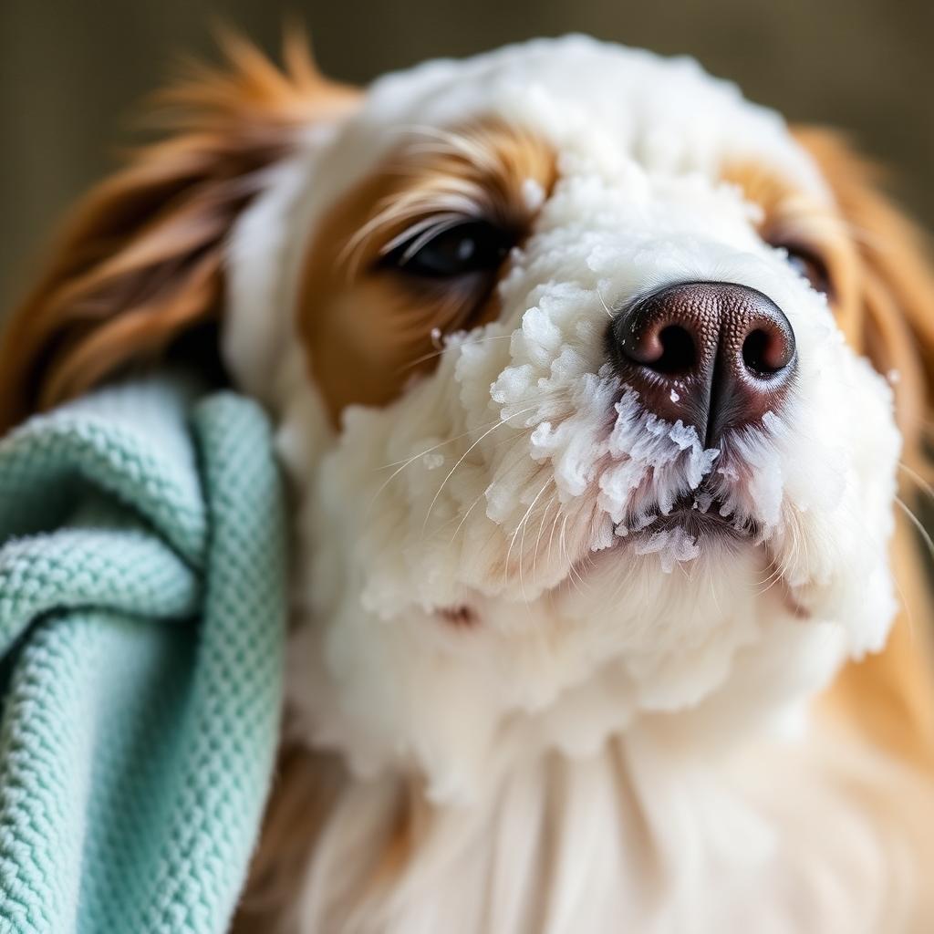 Close up of foamy no-rinse waterless shampoo mousse being massaged into a dog's coat with a microfiber towel nearby