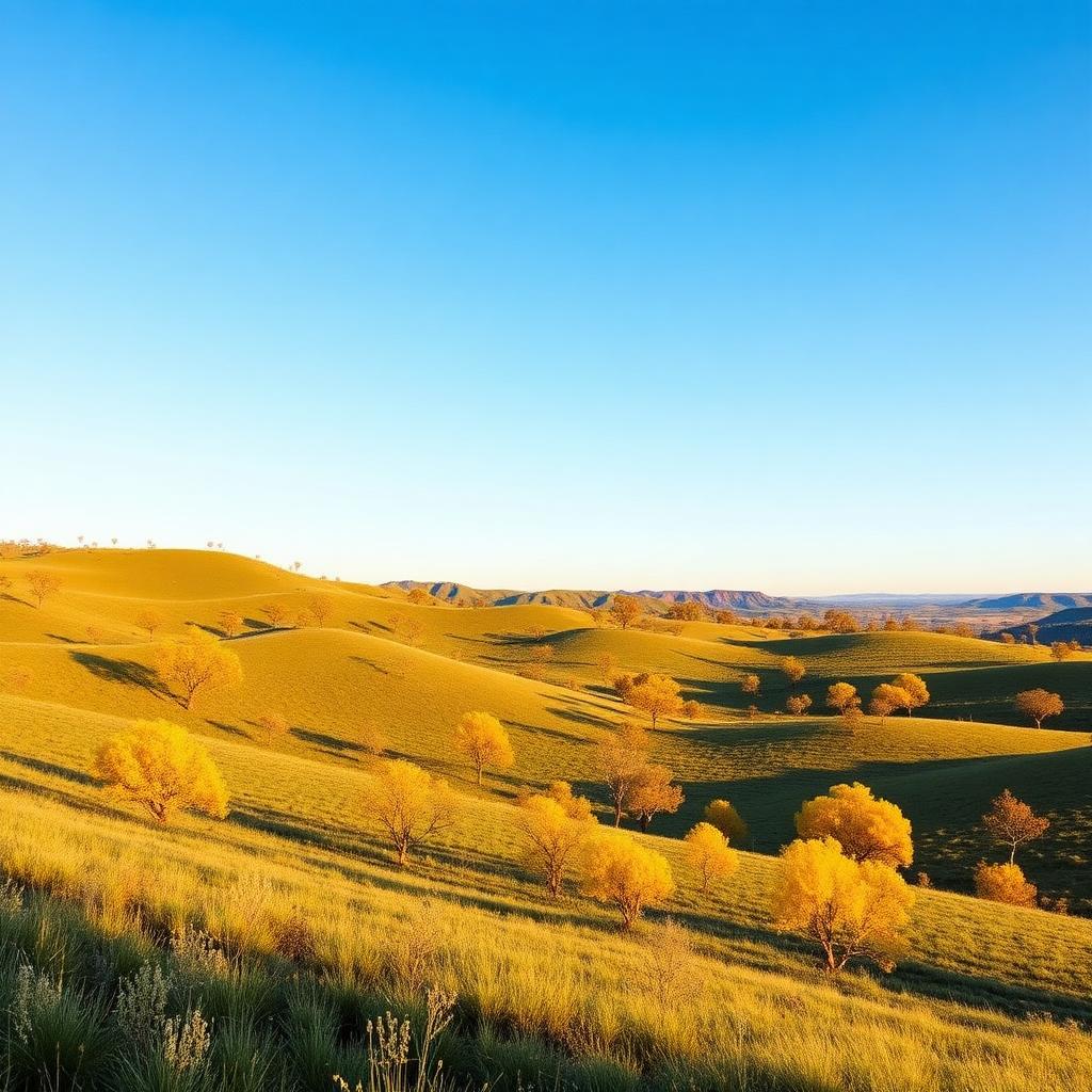 Rolling Australian landscape with golden flowering wattle trees scattered across green hills under a clear blue sky