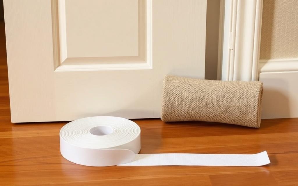 Roll of white foam draft seal tape and a fabric door draft stopper beside an interior door