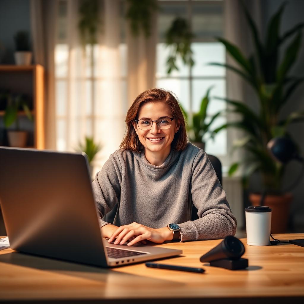 Person on a video call at a home office desk with an external webcam clipped to the top of the monitor