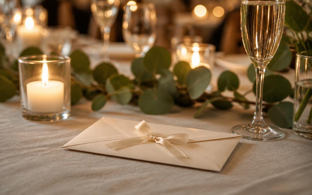Cream wedding gift envelope with cash inside resting on a candlelit reception table