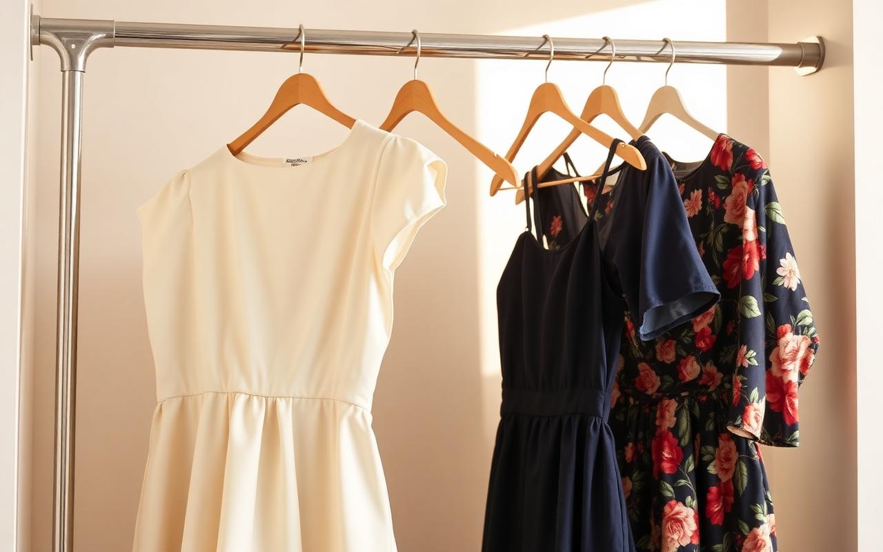 Cream, navy and floral wedding guest dresses hanging side by side on a rail