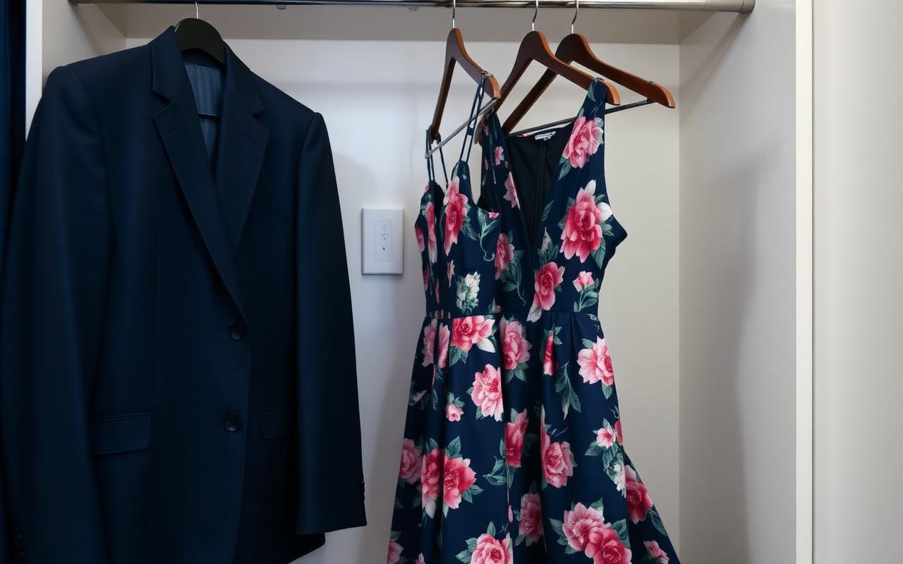 Rail of wedding guest outfits in blue, green and blush with heels and a clutch bag