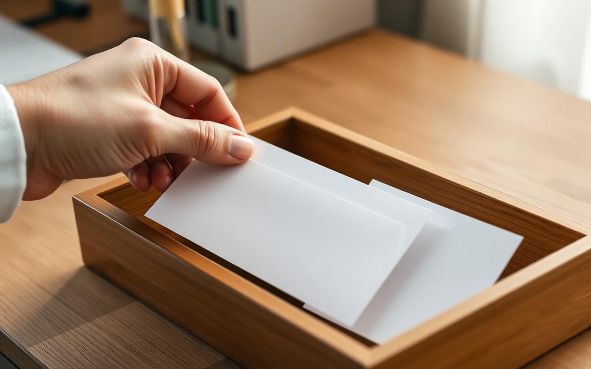 Hand placing a blank white RSVP reply envelope into a wooden desk letter tray