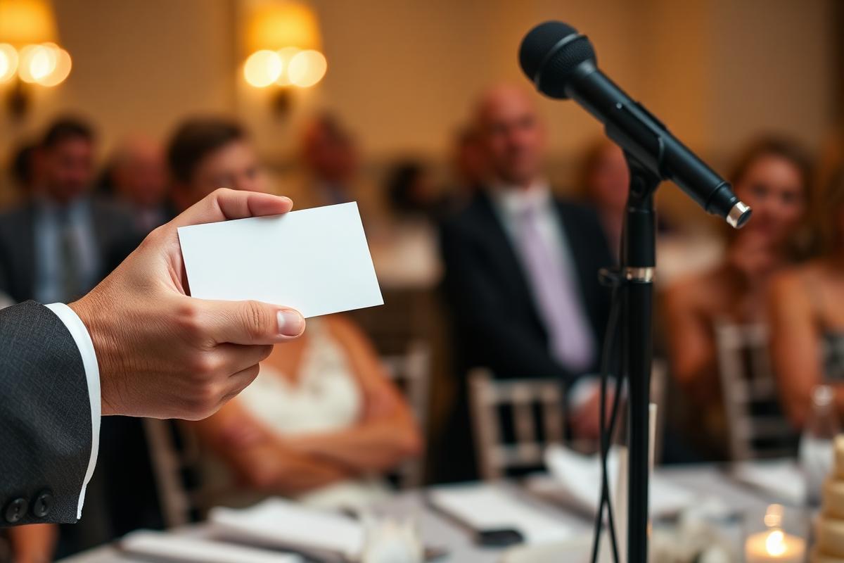Speaker holding a small blank note card during a wedding toast beside a microphone stand