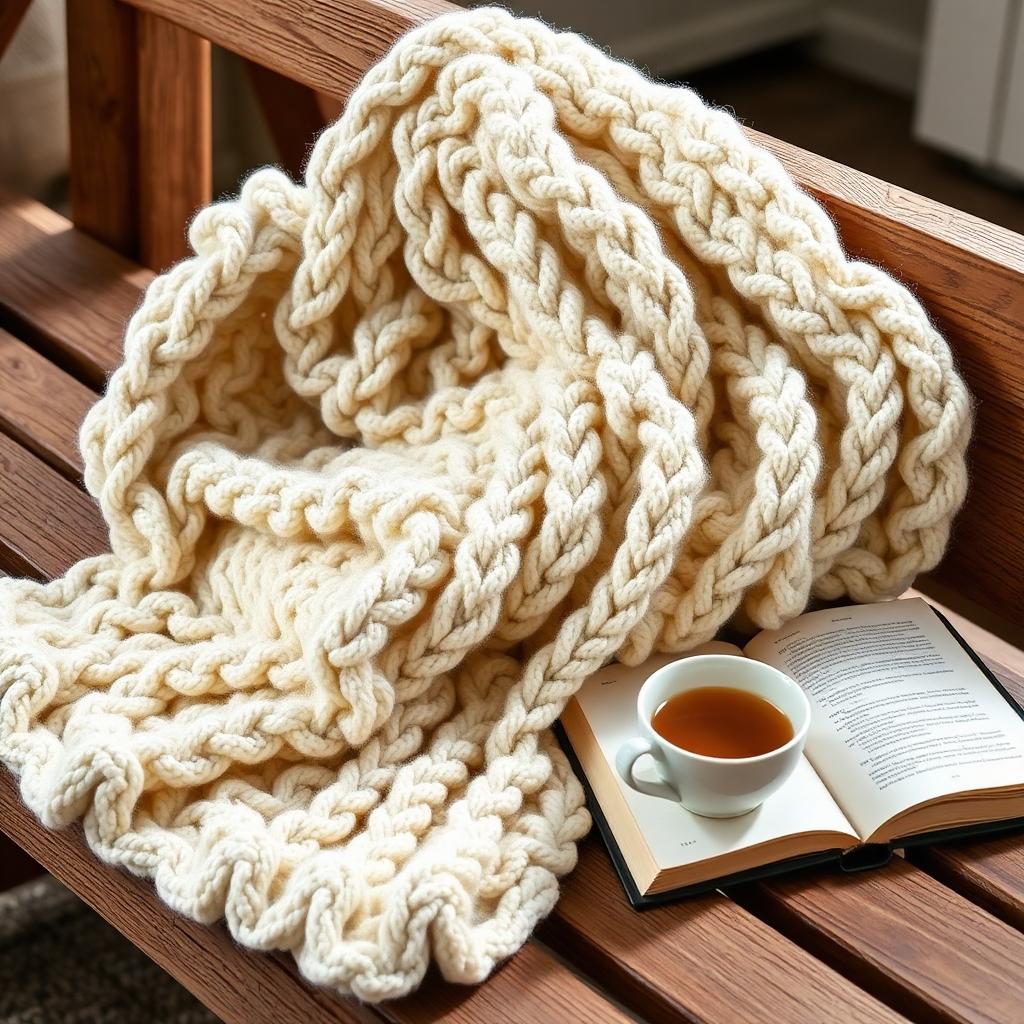 Chunky knit cream weighted blanket folded on a wooden bench next to a cup of tea and open book
