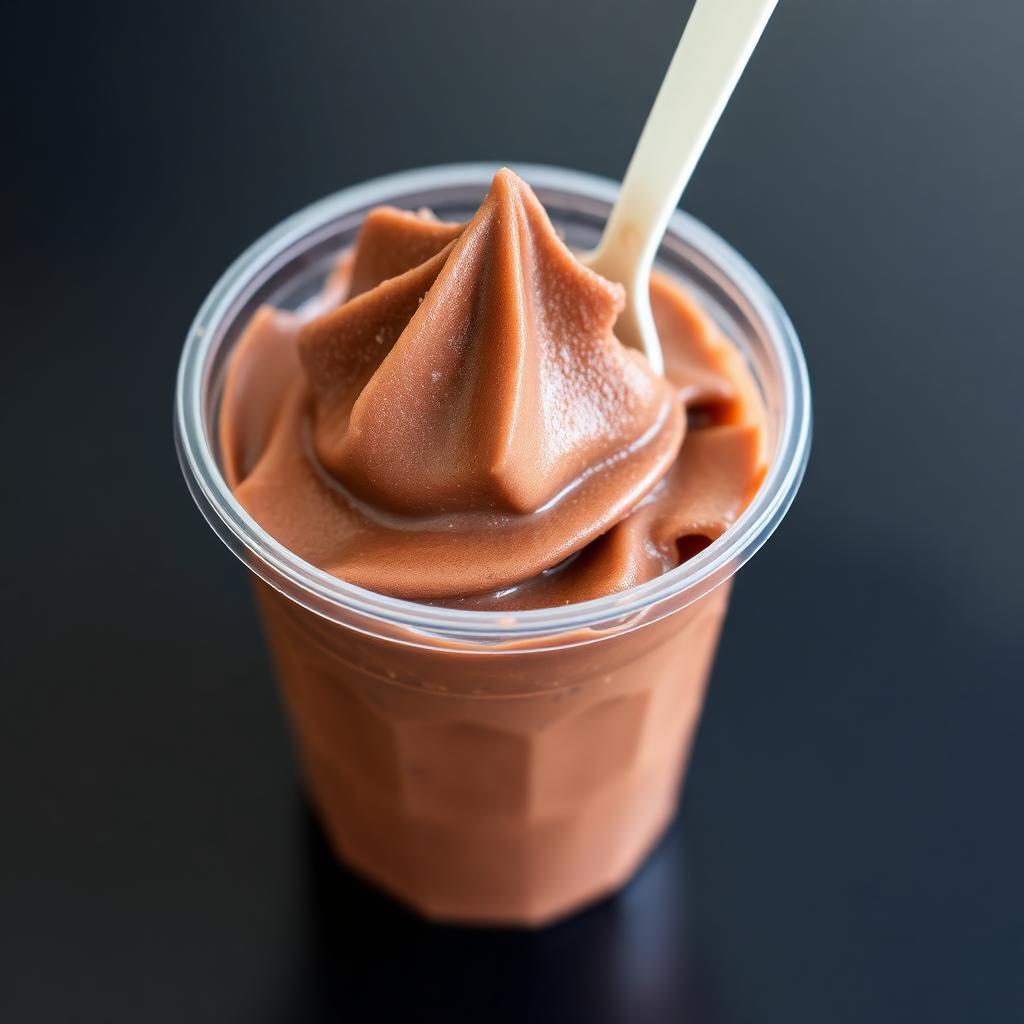 Chocolate frozen dessert in a clear plastic cup with a spoon