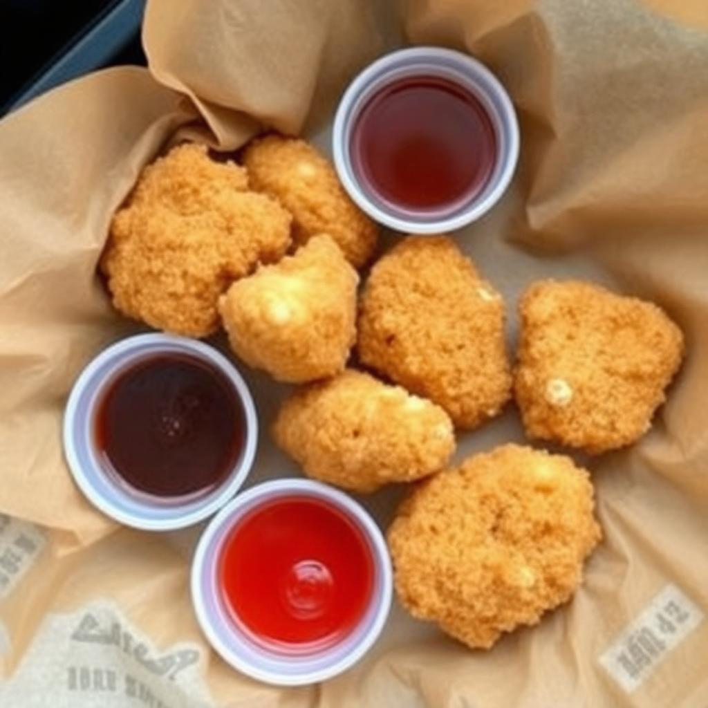 Crispy chicken nuggets with three small dipping sauce cups in a paper tray