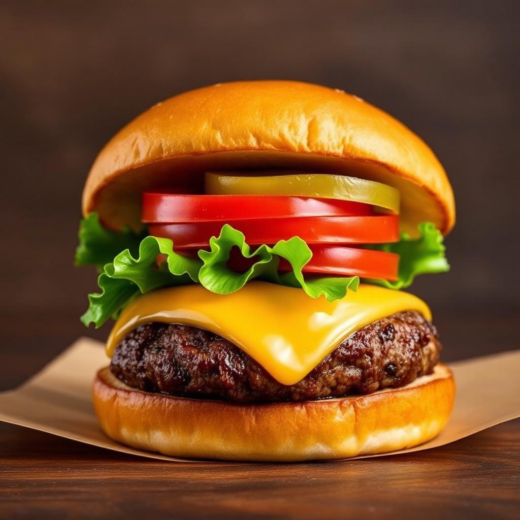 Square shaped beef burger with melted cheese, lettuce, tomato and pickle on a bun