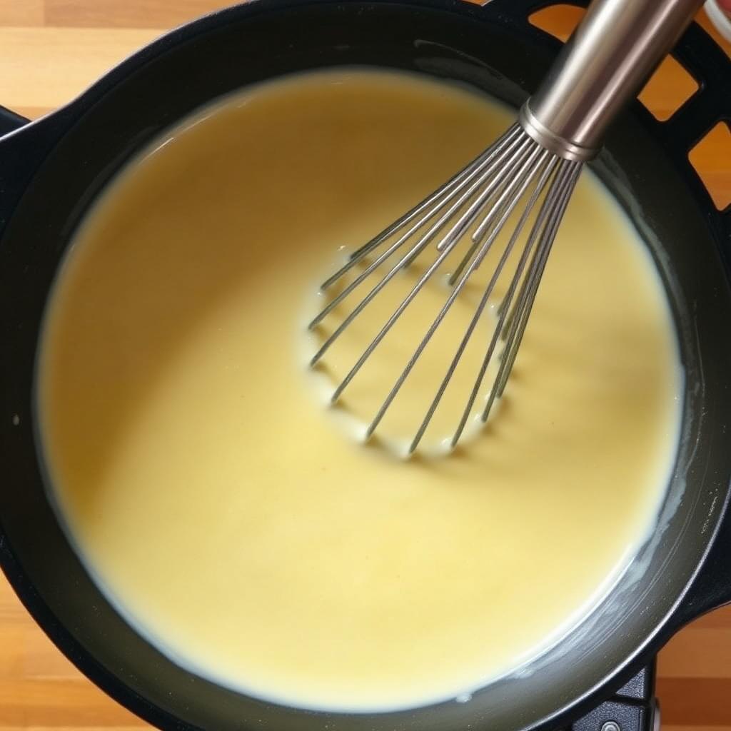 I Make Gravy for Biscuits: A whisk stirring creamy white roux in a cast iron pan, flour and butter combining