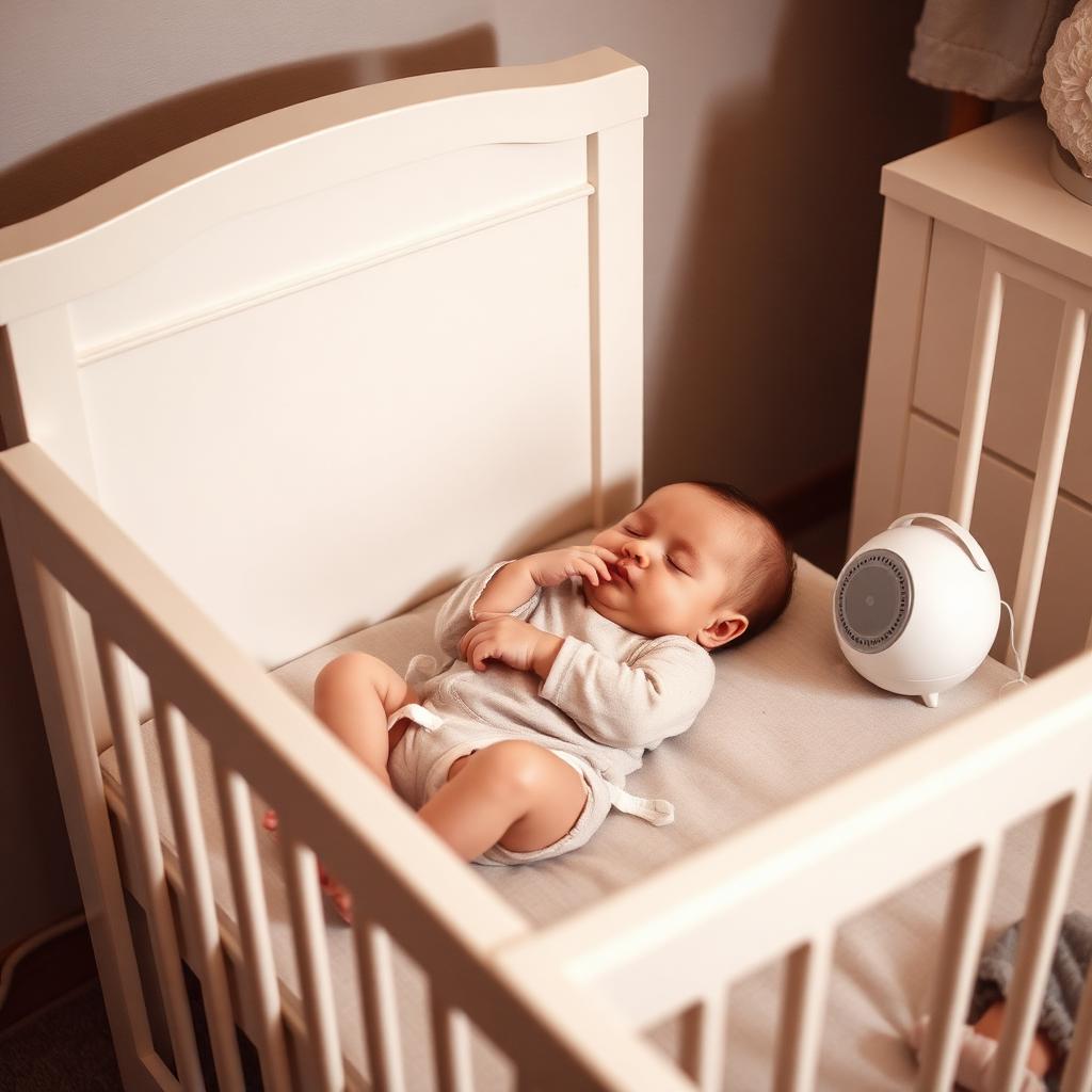 Sleeping infant in a light wood crib with a small round white noise machine on a nearby dresser in a softly lit nursery