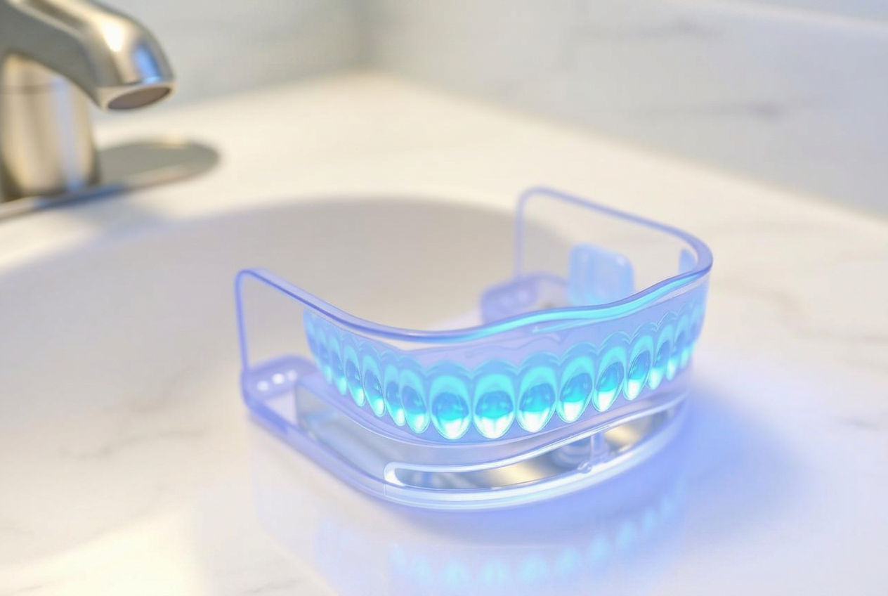 Clear teeth whitening tray with soft blue LED light on a marble bathroom counter