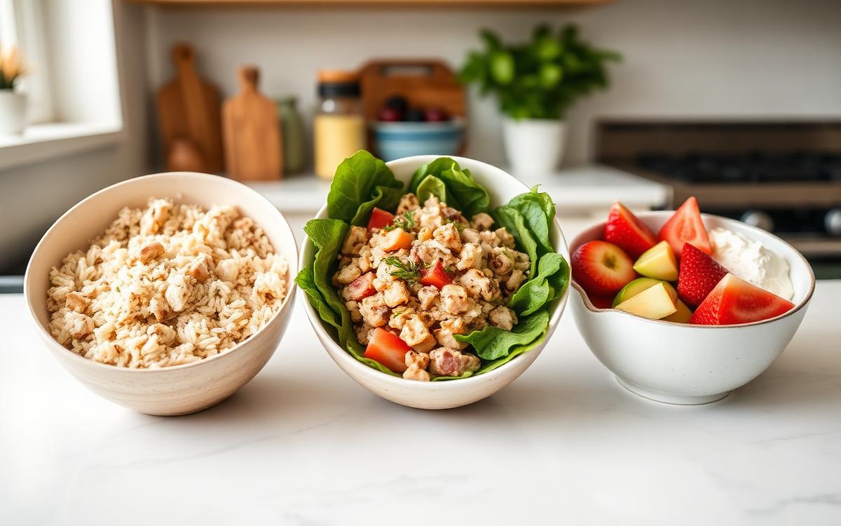 Three whole food protein meals in bowls showing how to reach 100 grams of protein without shakes