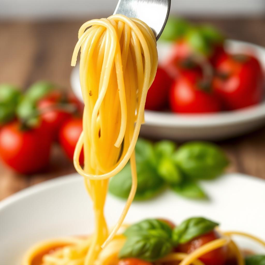 Whole grain spaghetti twirled on a fork with fresh basil and cherry tomatoes in the background