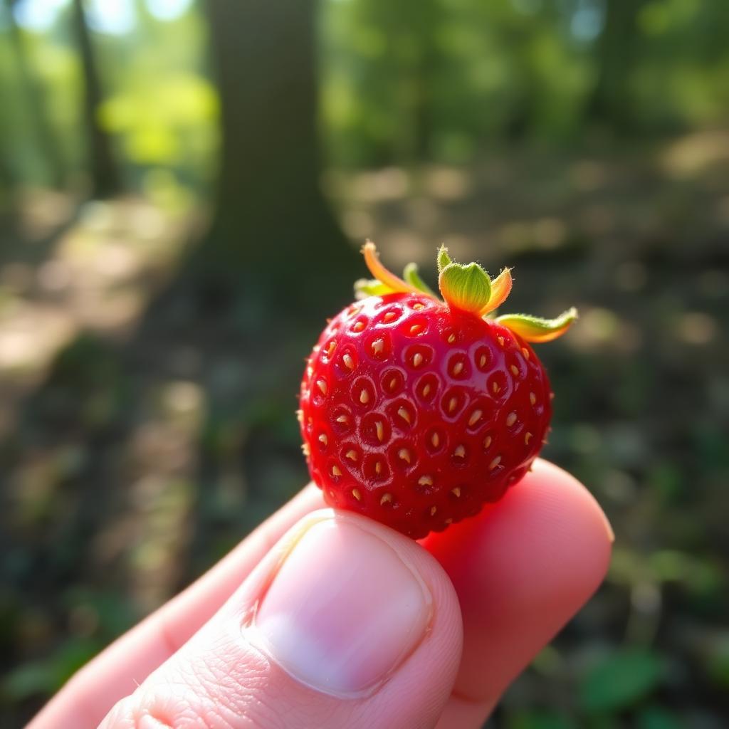 Macro view of a wild strawberry held between fingertips showing recessed seeds