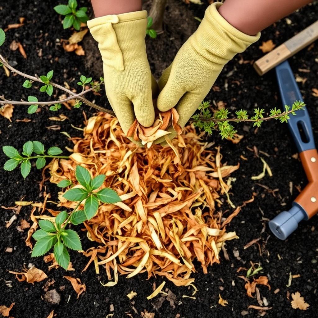 Gloved hands spreading shredded leaf mulch around the base of a dormant shrub to winterize the garden bed