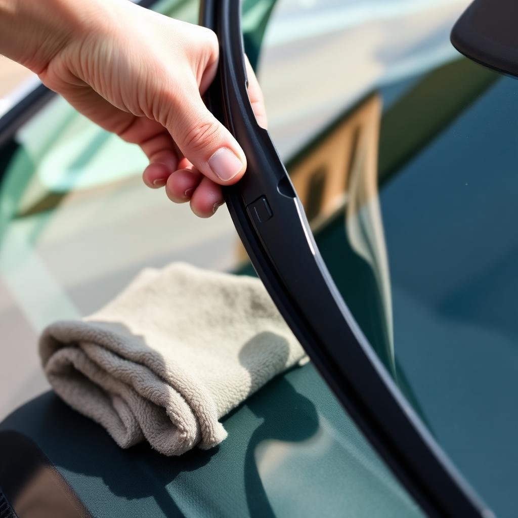 A hand holding a new black wiper blade above a windshield with a folded microfiber towel resting on the glass
