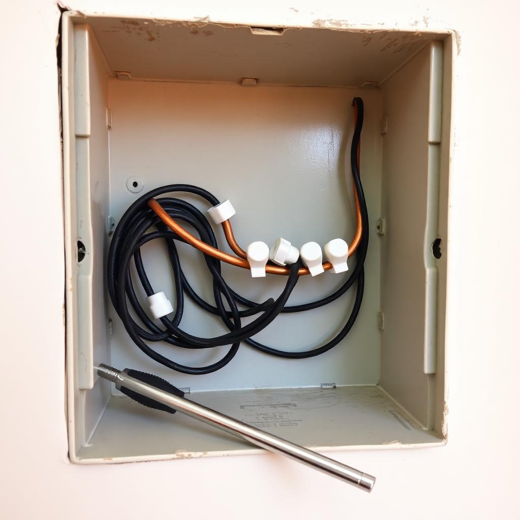 An opened electrical wall box showing black and copper wires twisted under plastic wire nuts beside a screwdriver