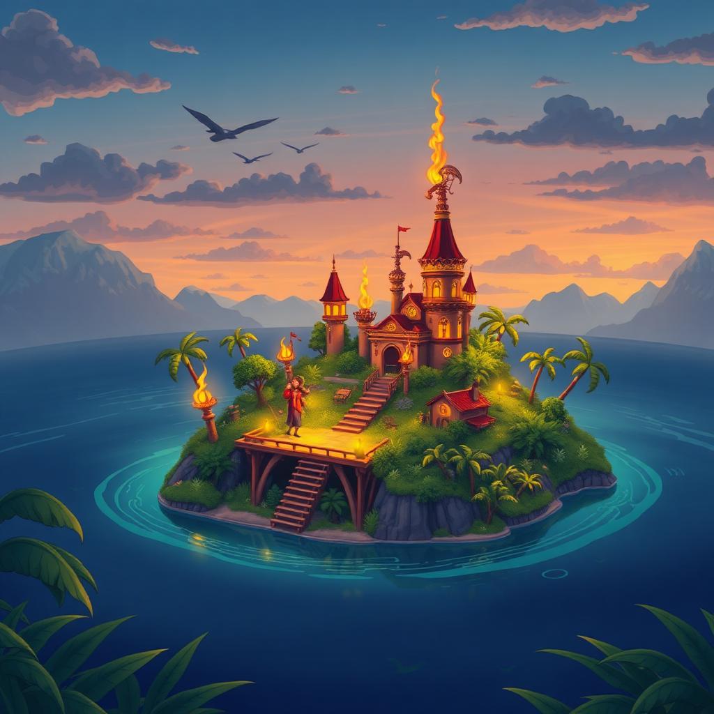 I Breed Epic Ghazt in My Singing Monsters: Wishing torches glowing on a fantasy mobile game musical island at dusk vibrant cartoon illustration lush green island