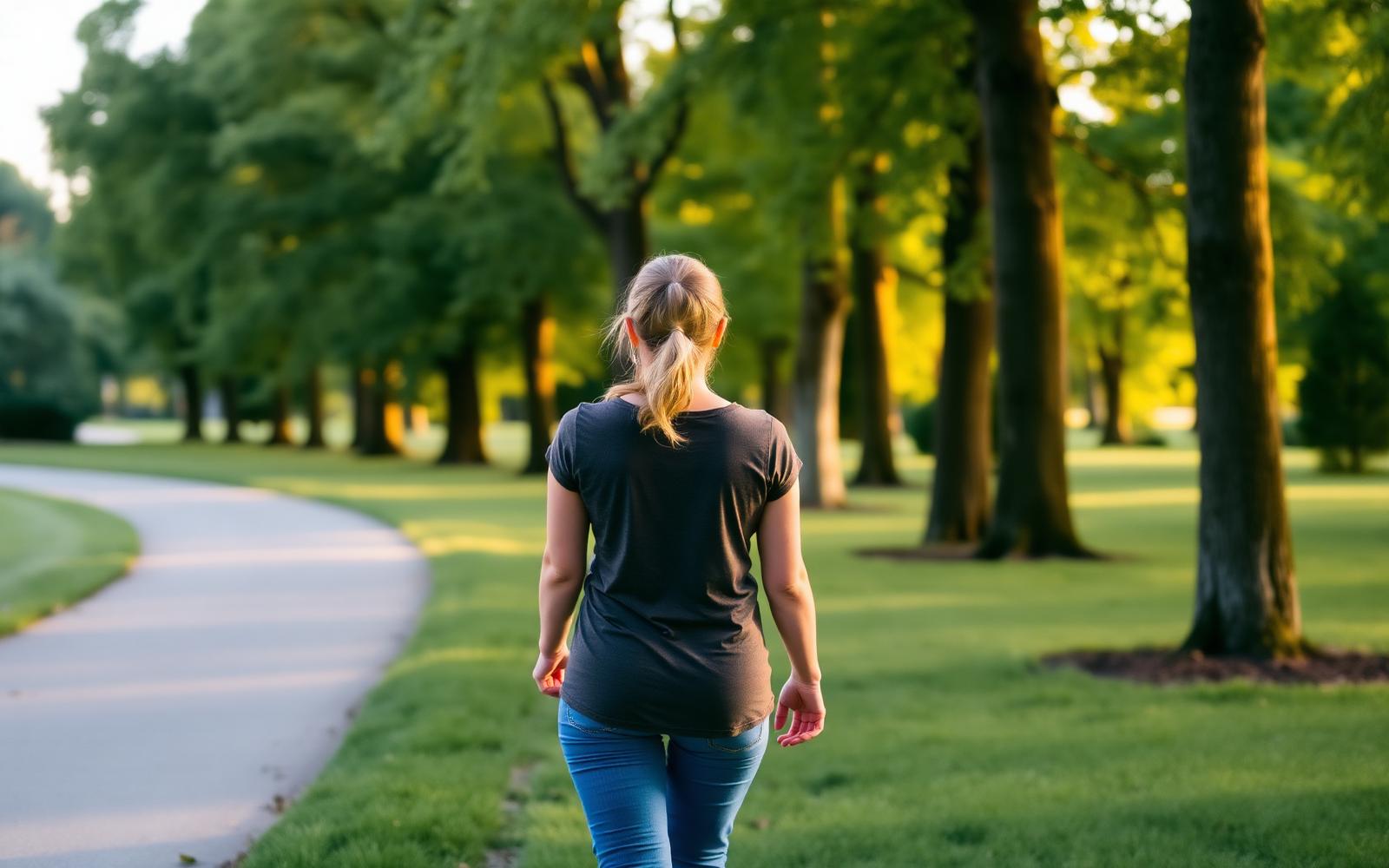 Woman walking slowly through a green park taking a deep breath, a simple natural stress reduction habit