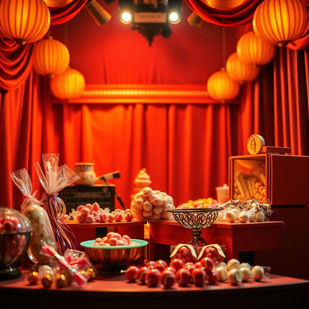 A vintage candy store film set with theatrical red curtains and warm lighting