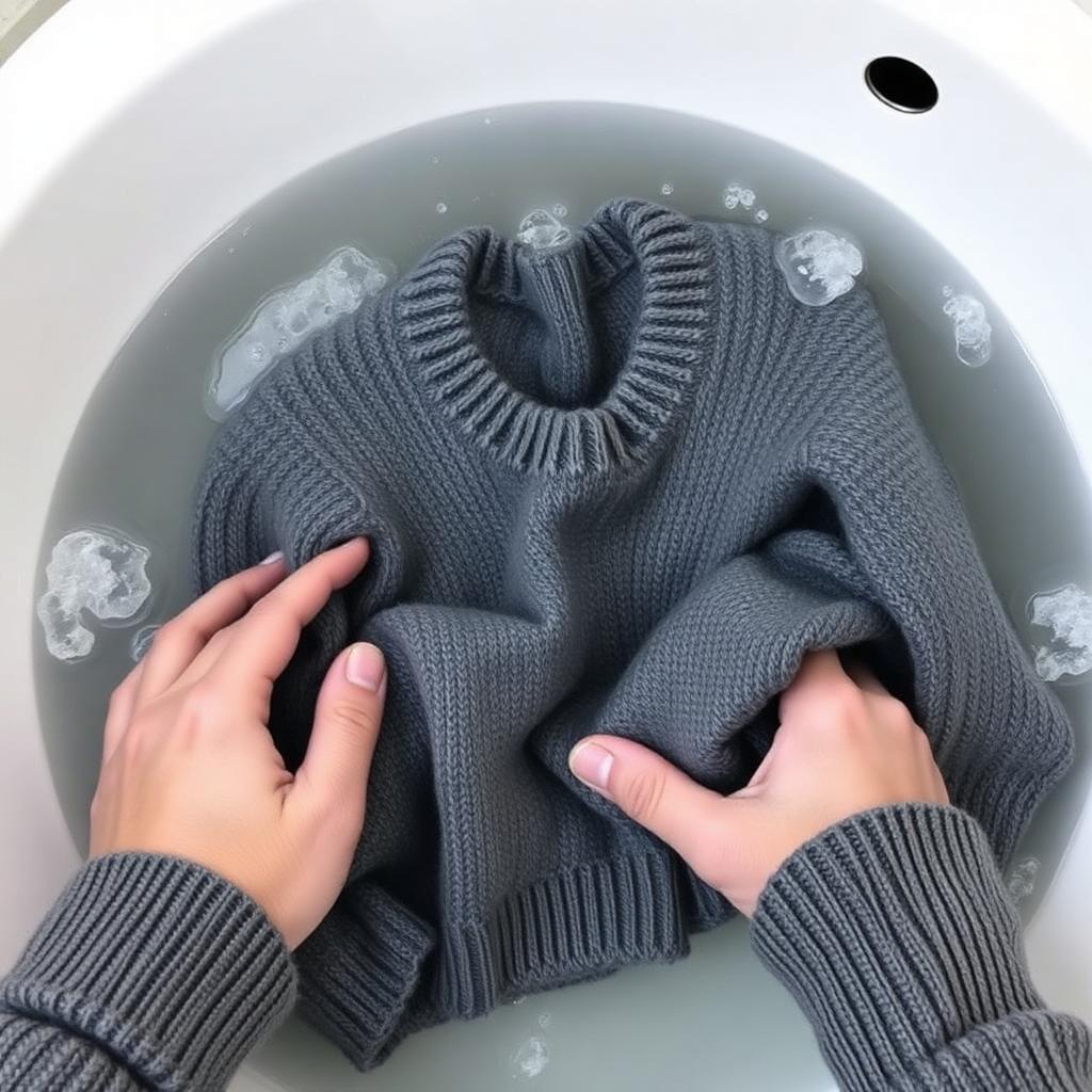 Grey wool sweater gently submerged in a white basin of soapy cool water with two hands pressing it down
